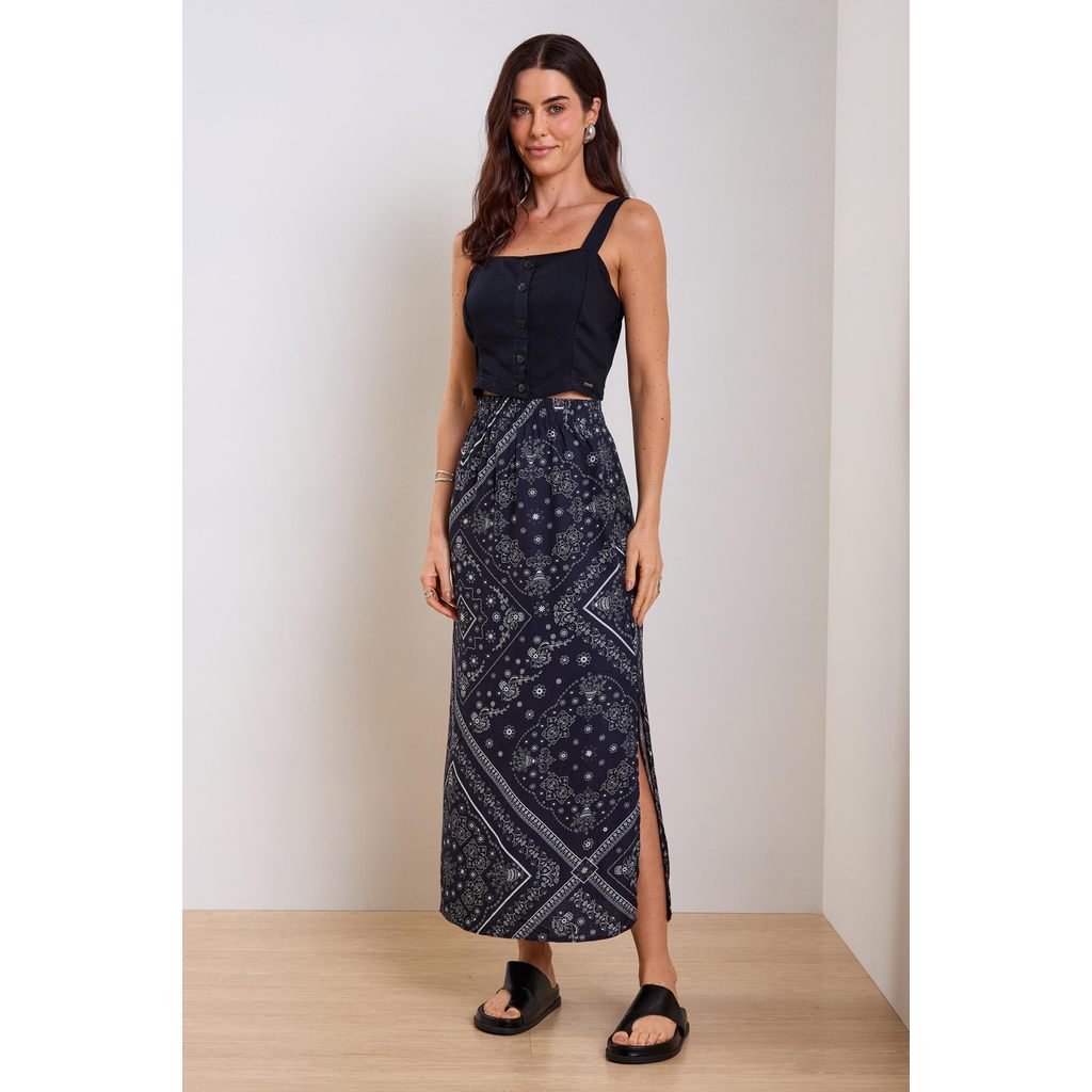 Saia Feminina Midi Padronagem Floral Marialícia Preto em Oferta na Shopee