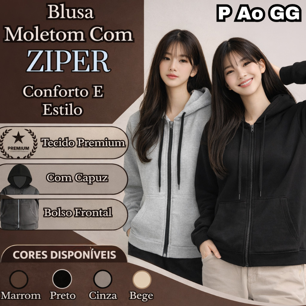 Kit 2 Blusa Moletom Feminino Frio Casaco Flanelada Fechamento Em Zíper Casual P Ao GG