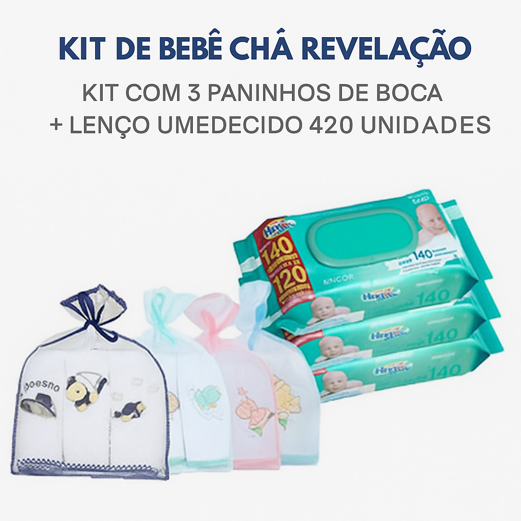 Kit Lenço Umedecido Bebê 420 Unidades e 3 Paninho Boca  Toalhinha Fralda de Boca Babete Algodão
