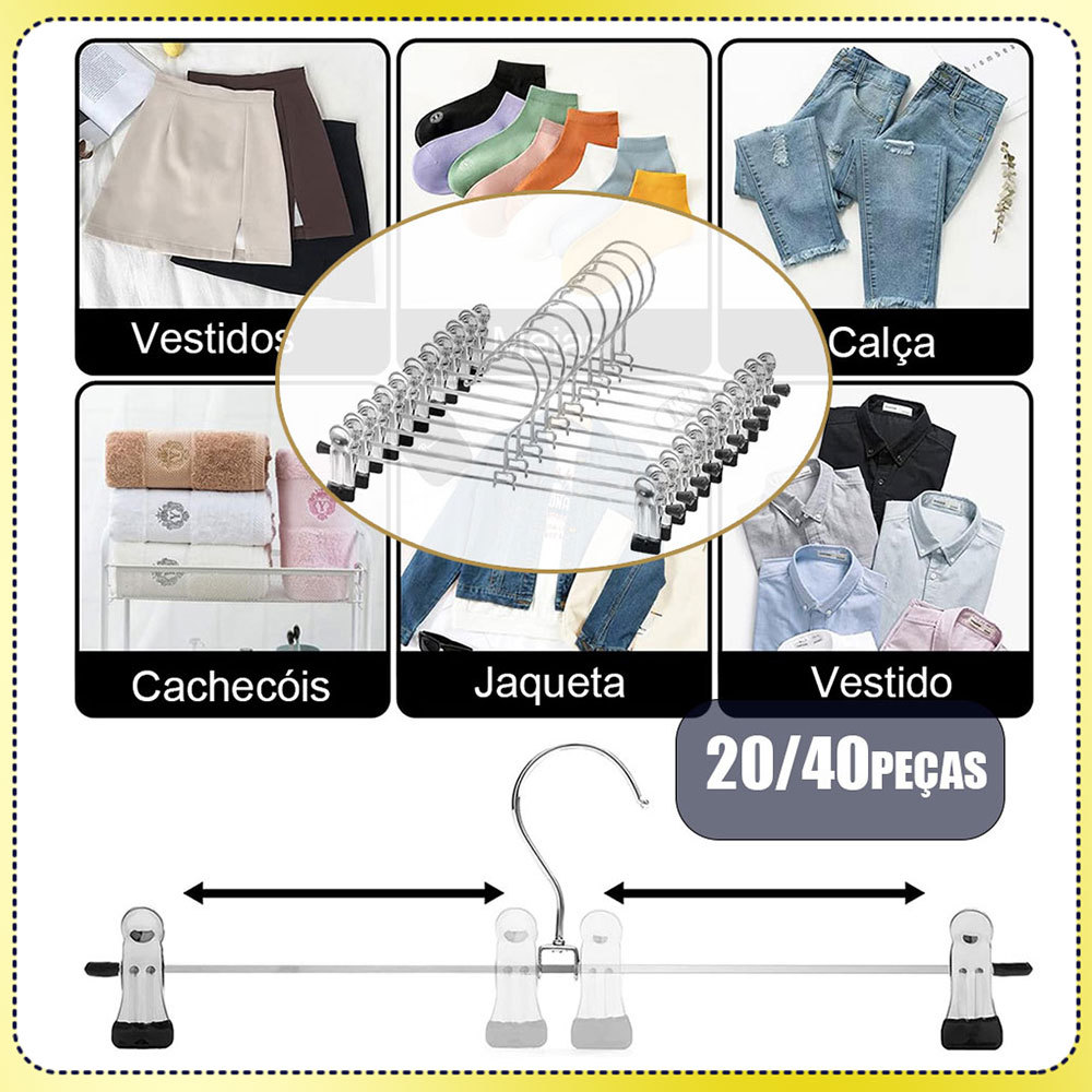 Rack de calças de Metal com rack de secagem antiderrapante de borracha clipe retrátil rack de calças Kit 20/40