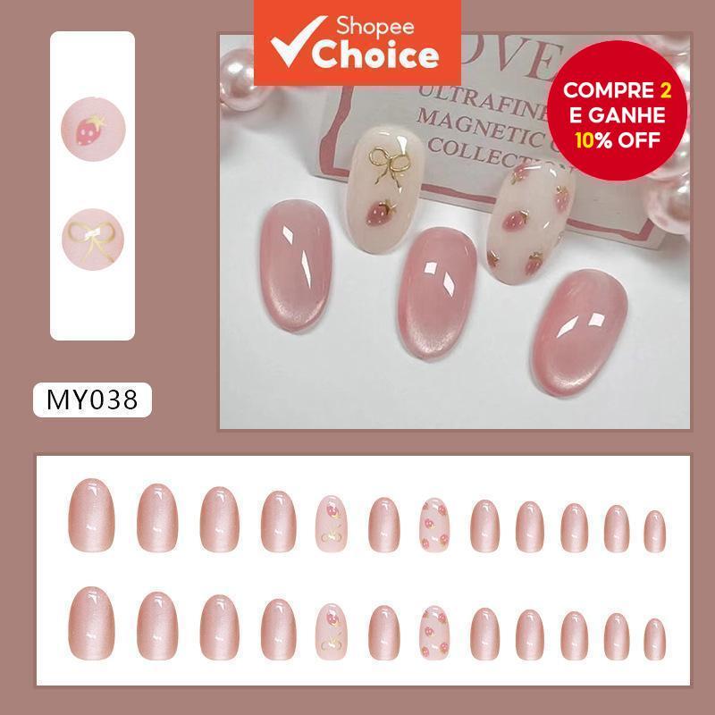 24 unhas postiça com cola jelly, design de olho de gato e morango em cartoon.