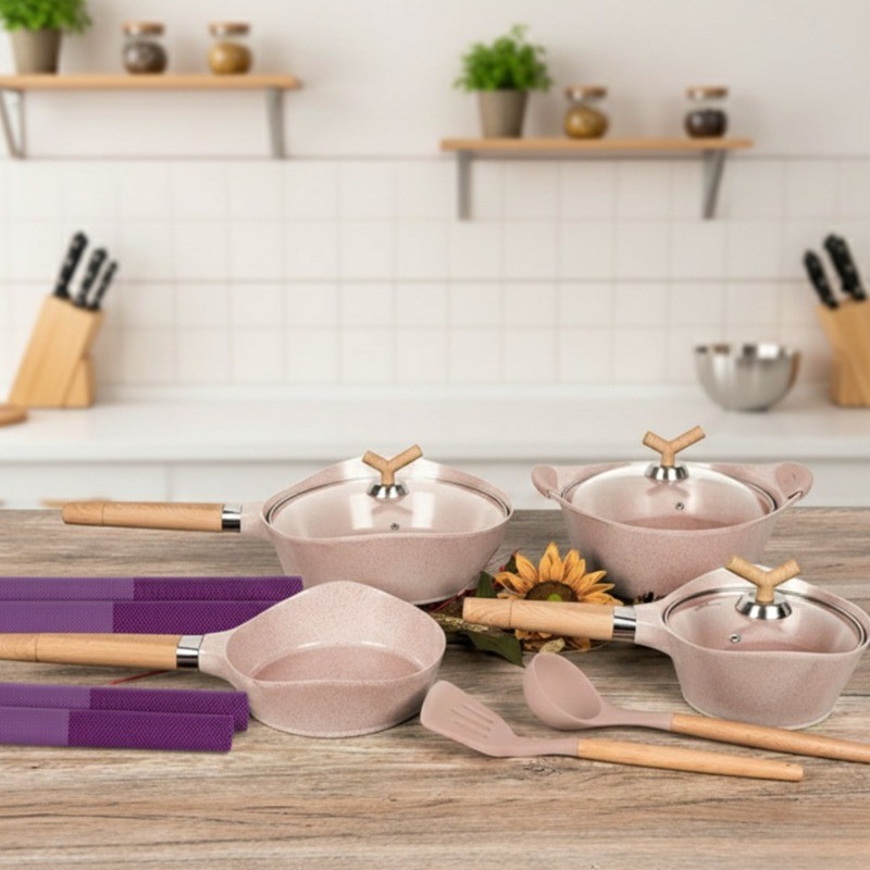 Conjunto de 14 peças de fogão a gás/fogão de indução Conjunto de panelas adequado, panela antiaderente de granito com re