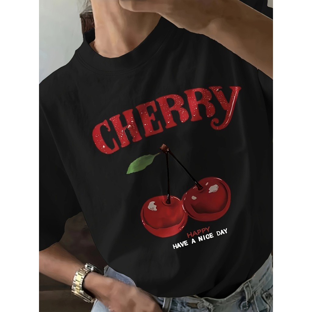 Camiseta Unissex Masculina e Feminina Cereja Letter Padrão Estampado Redonda Básica Confortável Linda Fofa Primavera Ver