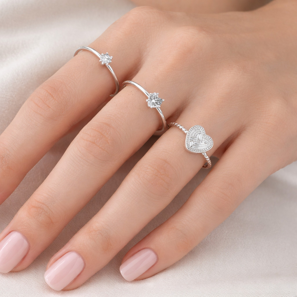 Kit 3 Anéis Femininos Ajustáveis com Coração e Solitário em Zircônia, Aro Aberto Banhado a Ouro 18K e Prata 925 Delicado