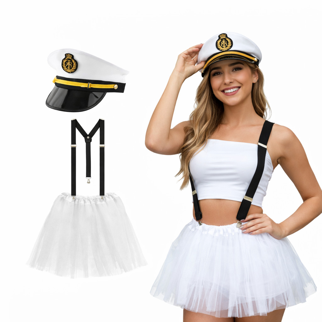 Kit Fantasia Marinheira Sexy Festa Carnaval Bloquinho Saia Tule lisa Chapéu Suspensório em Oferta na Shopee