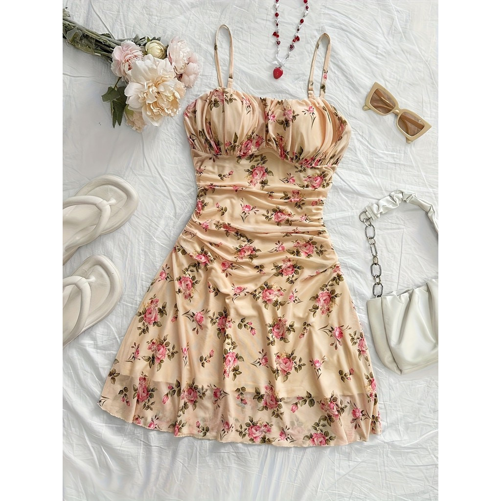2026 Vestido Deslizante Sexy Floral Francês De Cintura Fina Para Férias