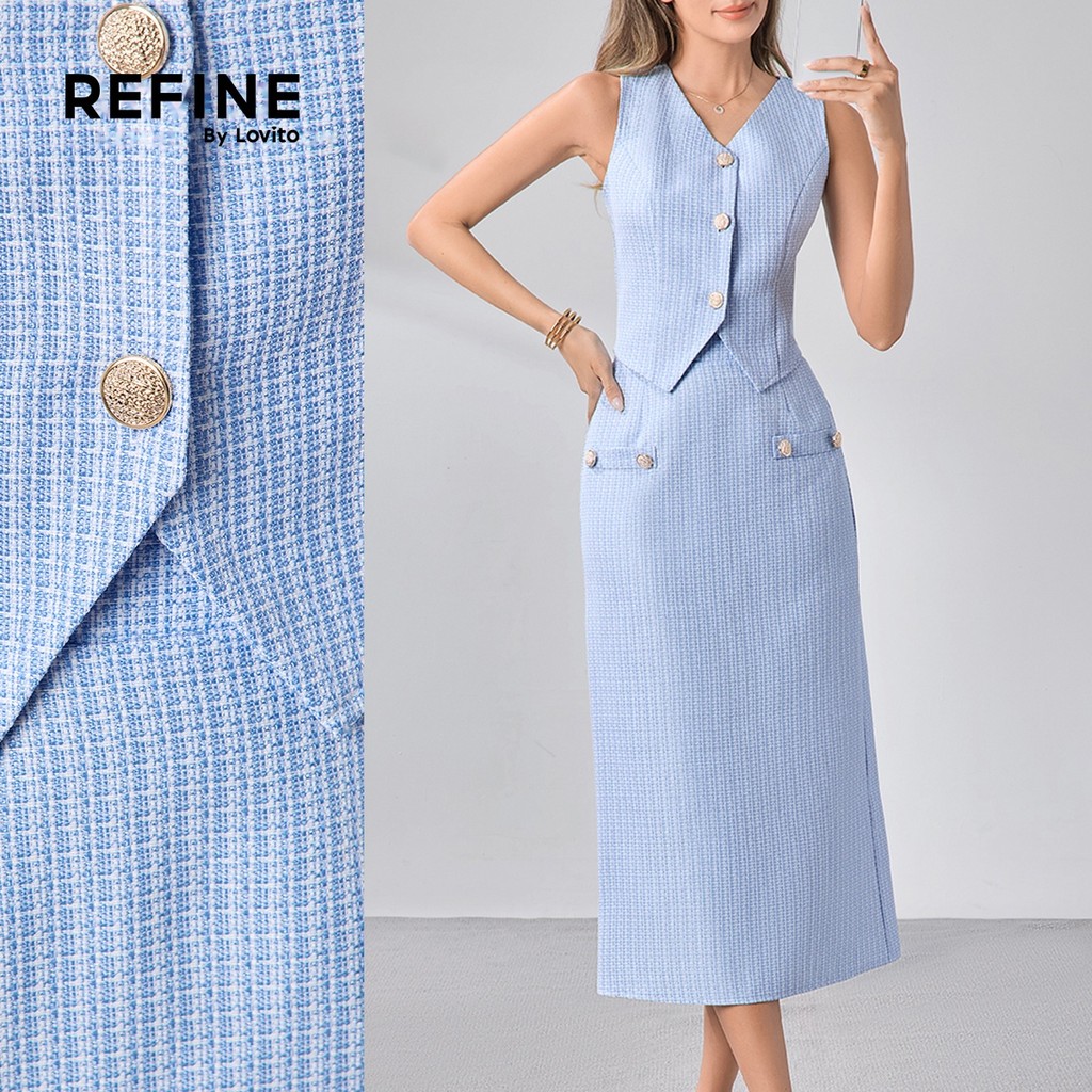 (Refine by Lovito) Conjuntos Elegantes Saia E Top Verão/primavera Fenda Conjuntos Saia Top Azul Para Mulheres LR12L043