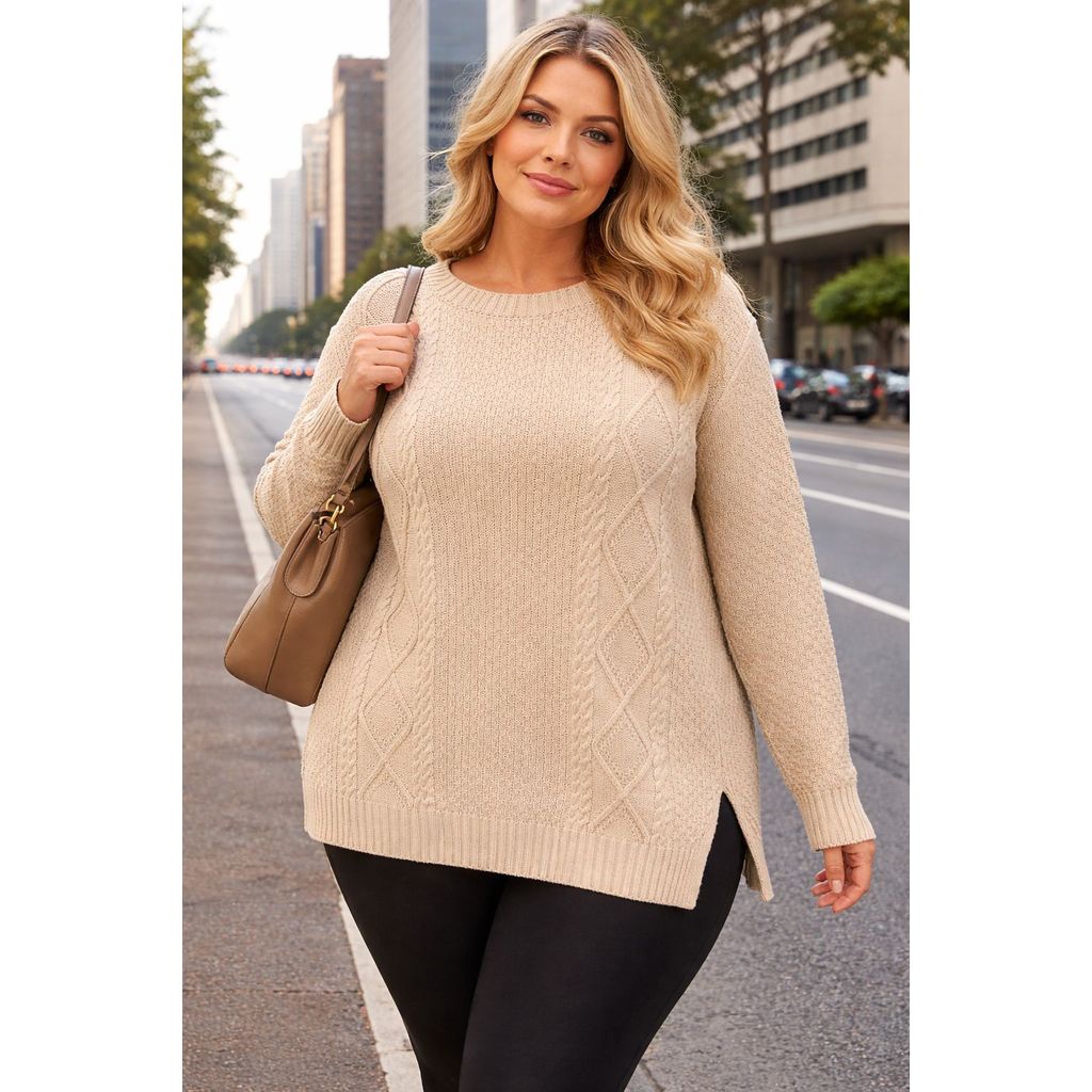 Blusa de Tricot Feminina Plus Size Alongada com Fenda Lateral - Estilo e Conforto Inverno