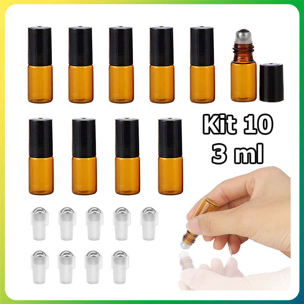 Kit 10 3ml Frasco roll-on de vidro âmbar frasco para óleo essencial frasco para amostra de perfume tampa plástico preta