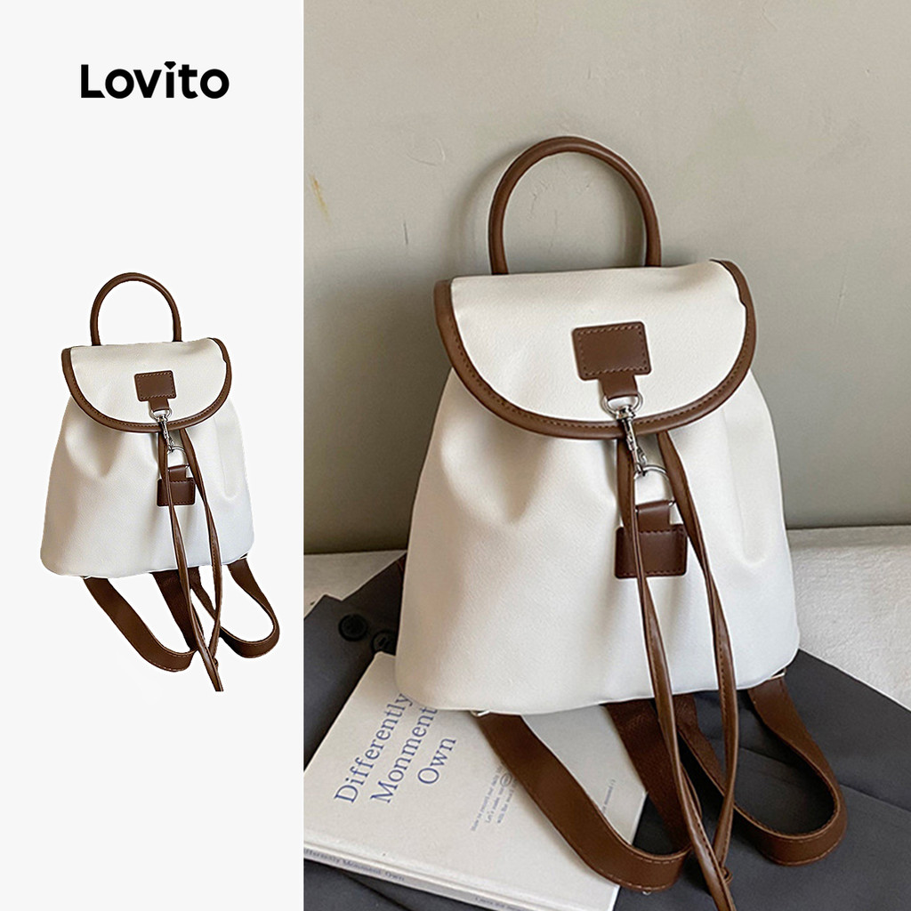Lovito Mochila Casual Feminina com Bordas em Contraste Na Cor Branca LFA113030 em Oferta na Shopee