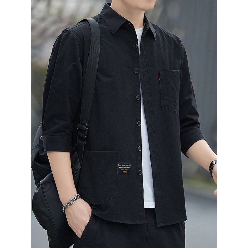 Camisa de manga de três quartos masculina verão na moda Casual manga média camisa de algodão fino topo masculino bonito 