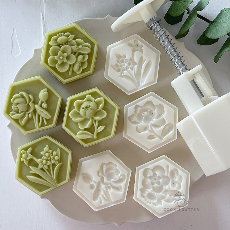 50g60g flor Mid-Autumn Festival Mooncake molde chinês Hexagonal flor lótus narciso peônia camélia Mung feijão bolo molde