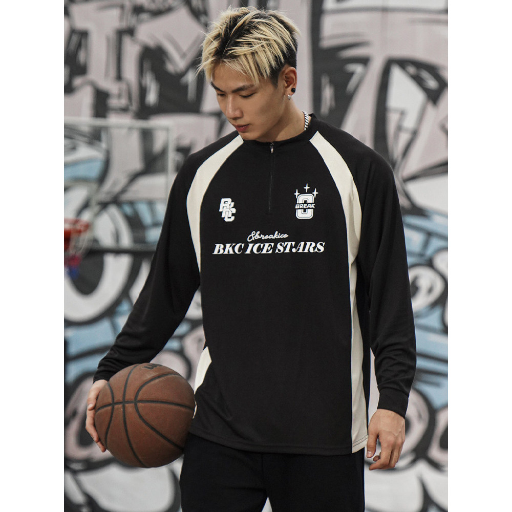 Quebra de gelo primavera verão costura contraste cor esportes uniforme de tiro de manga comprida masculino americano cor