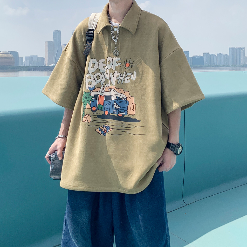 Bonito high-End camisa polo de manga curta masculina verão americano oversize high street meia manga street Wear camurça