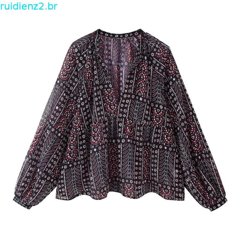 Za Spring Novo produto blusa feminina com lantejoulas e cor metálica estampada 5770024