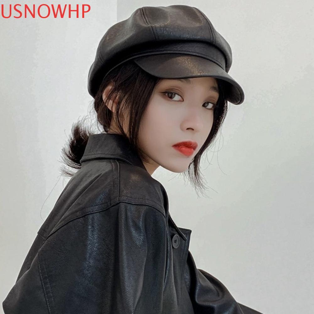 Boné De Boina PU Vintage USNOWHP , Chapéu De Pintor De Couro Coreano Retrô De Cor Sólida Liso Unissex Da Moda