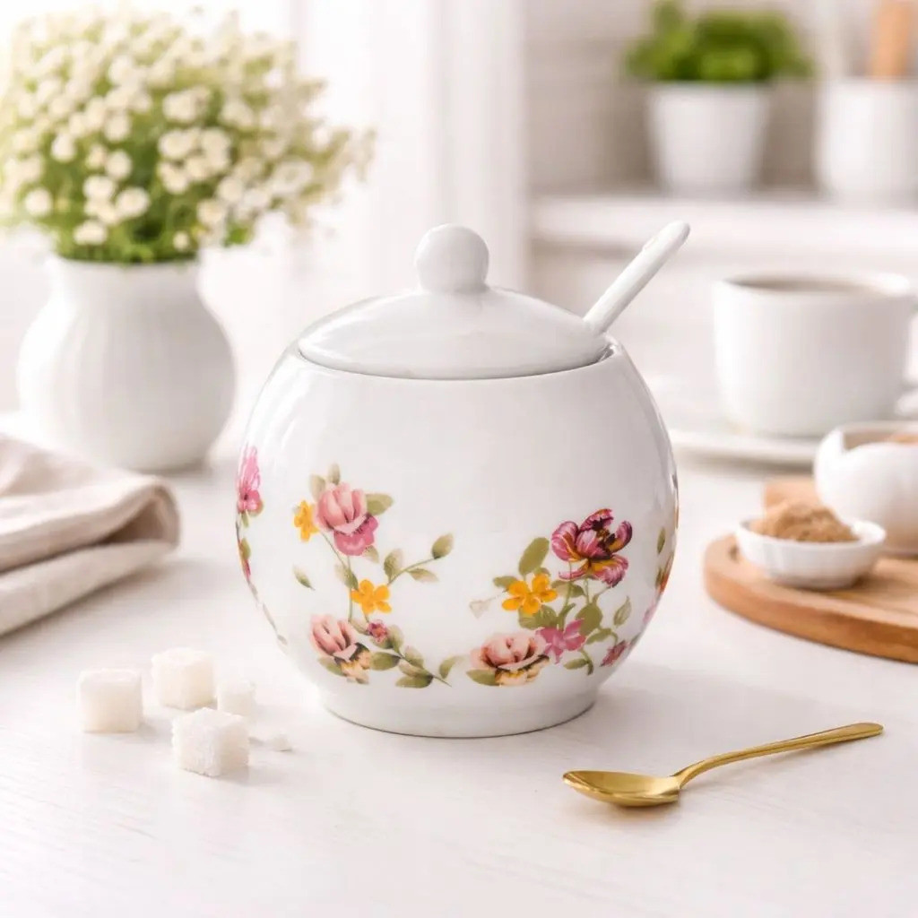 Açucareiro Porcelana Branco Floral Com Colher Le Jardin 350ml Hauskraft