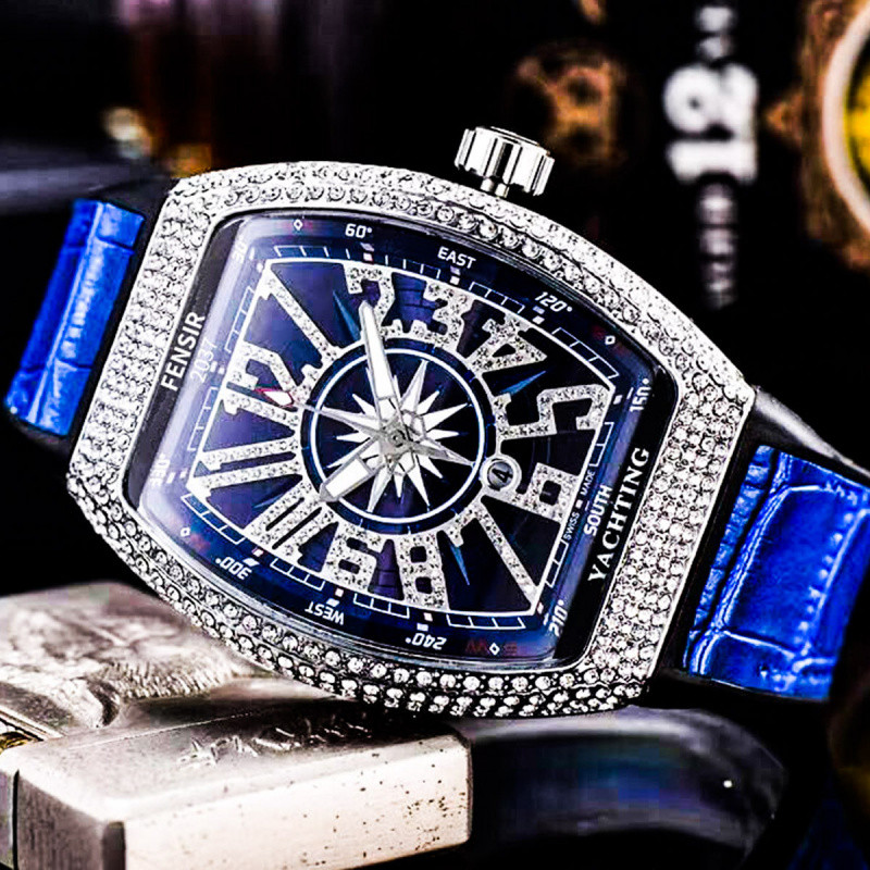 Fens Richard Barrel Shape Full Diamond Watch Moda Masculina Relógio de Quartzo Moderno 30M À Prova D 'Água