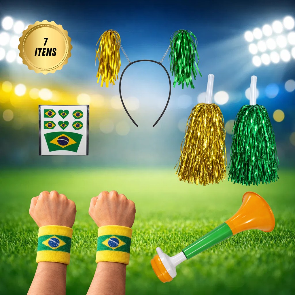 Kit Torcedora Cheerleader Fantasia Brasil Pompom Metalizado