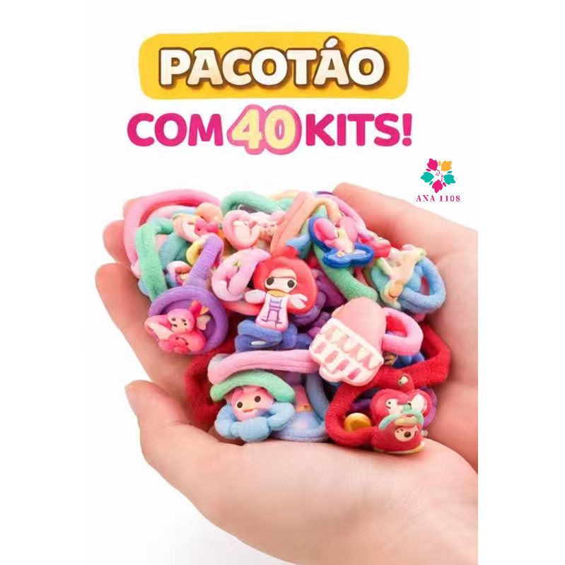 sufur ANA 1108 Kit 40 Elásticos Infantil Cabelo Menina Coloridos com Acessórios Presilha
