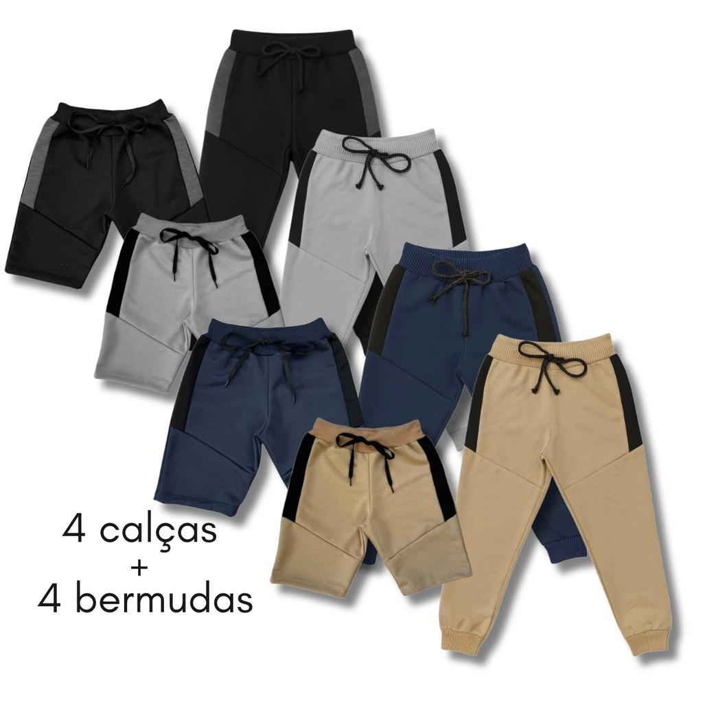 Kit com 4 Calças e 4 Bermudas Moletom Moletinho Infantil Uniforme Escola Dia a Dia Sortidas