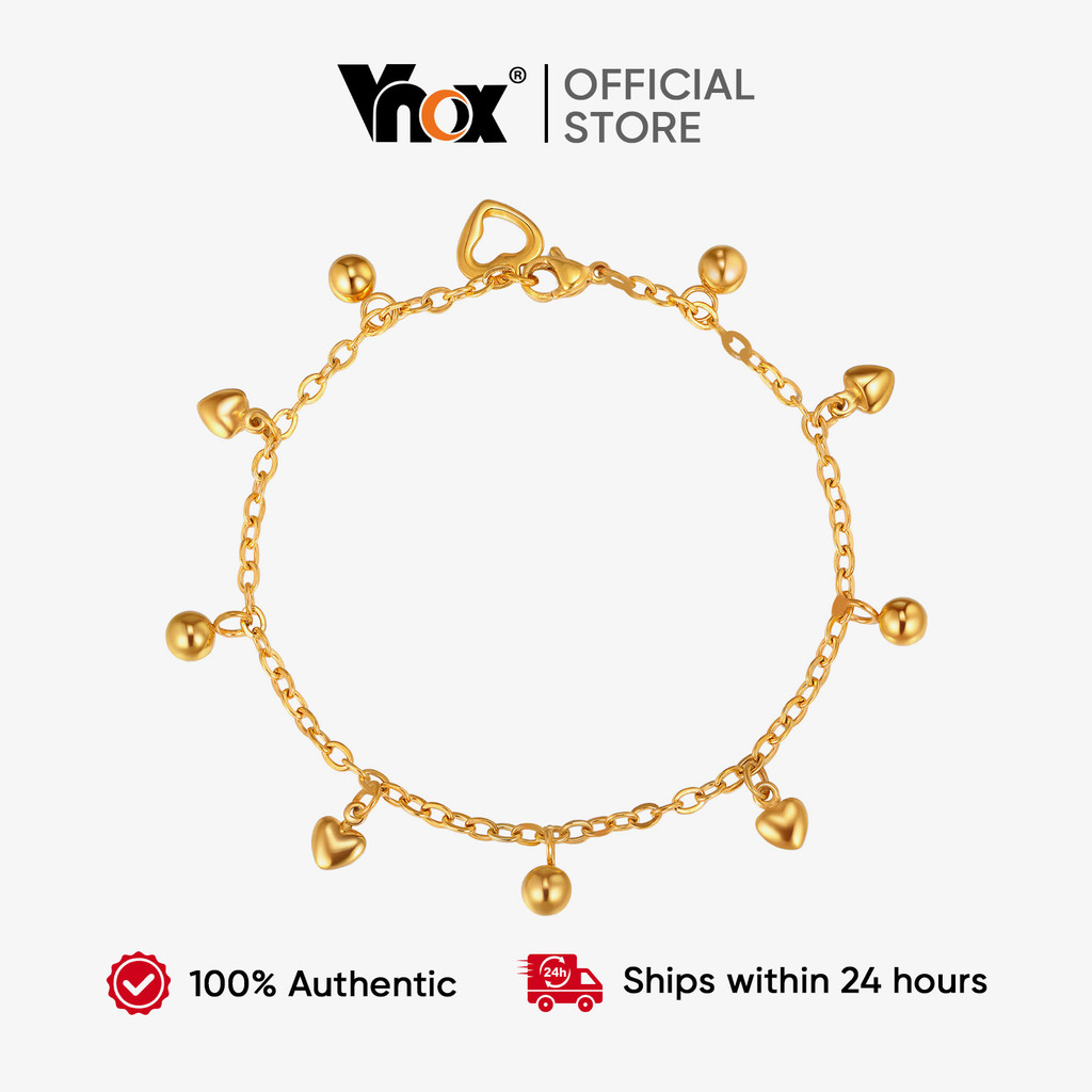 Pulseira De Corrente Com Pingente De Coração De Contas Penduradas Vnox , Sino De Aço Inoxidável Banhada A Ouro Para Mulh