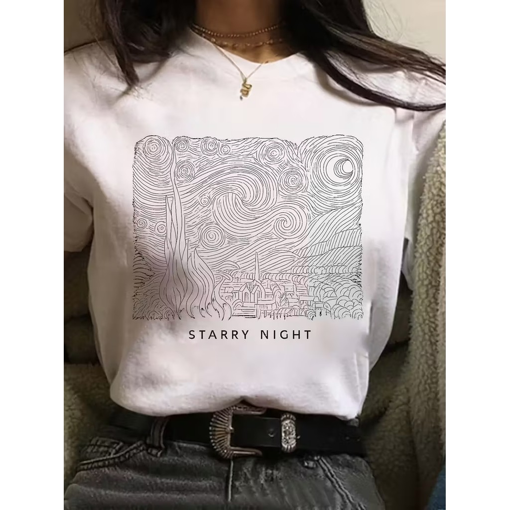 Tshirt Feminina Starry Night Estilosa Estampada Lançamento Camiseta 100% Algodão Camisetão Camisa - Estampaê