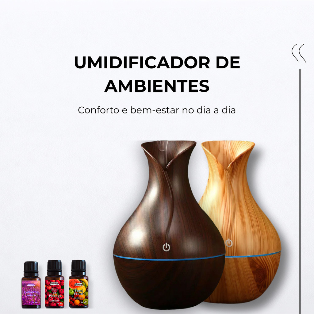 Umidificador de Ar Aromatizador Portátil  – Design Madeira Elegante Premium