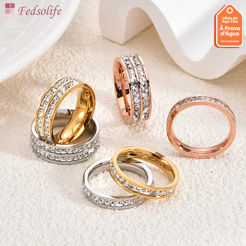 Anel Moderno Feminino de Aço Titânio com Diamante Céu Estrelado de Luxo Premium Fedsolife, Cor Dourada, Não Desbota