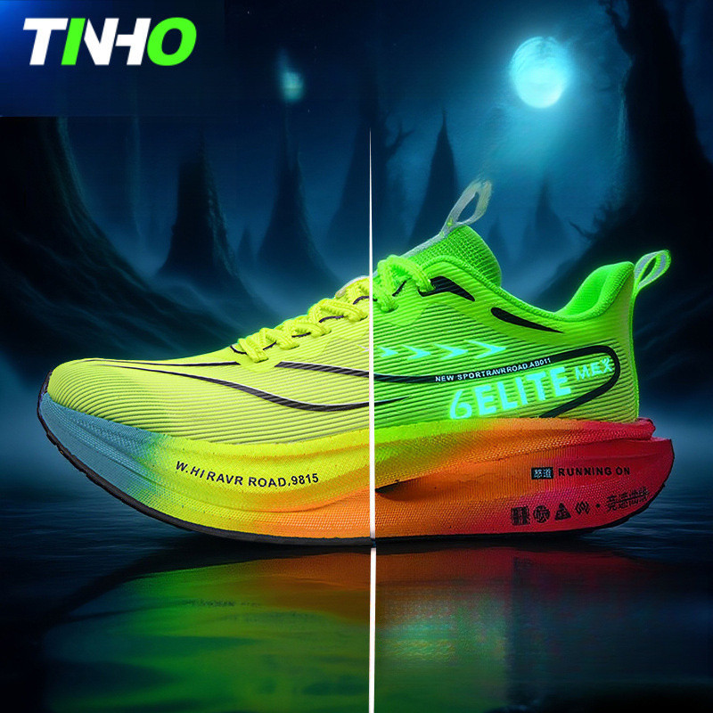 Placa de carbono fluorescente tênis de corrida das mulheres dos homens dupla Net engrossado corrida maratona Jogging tên