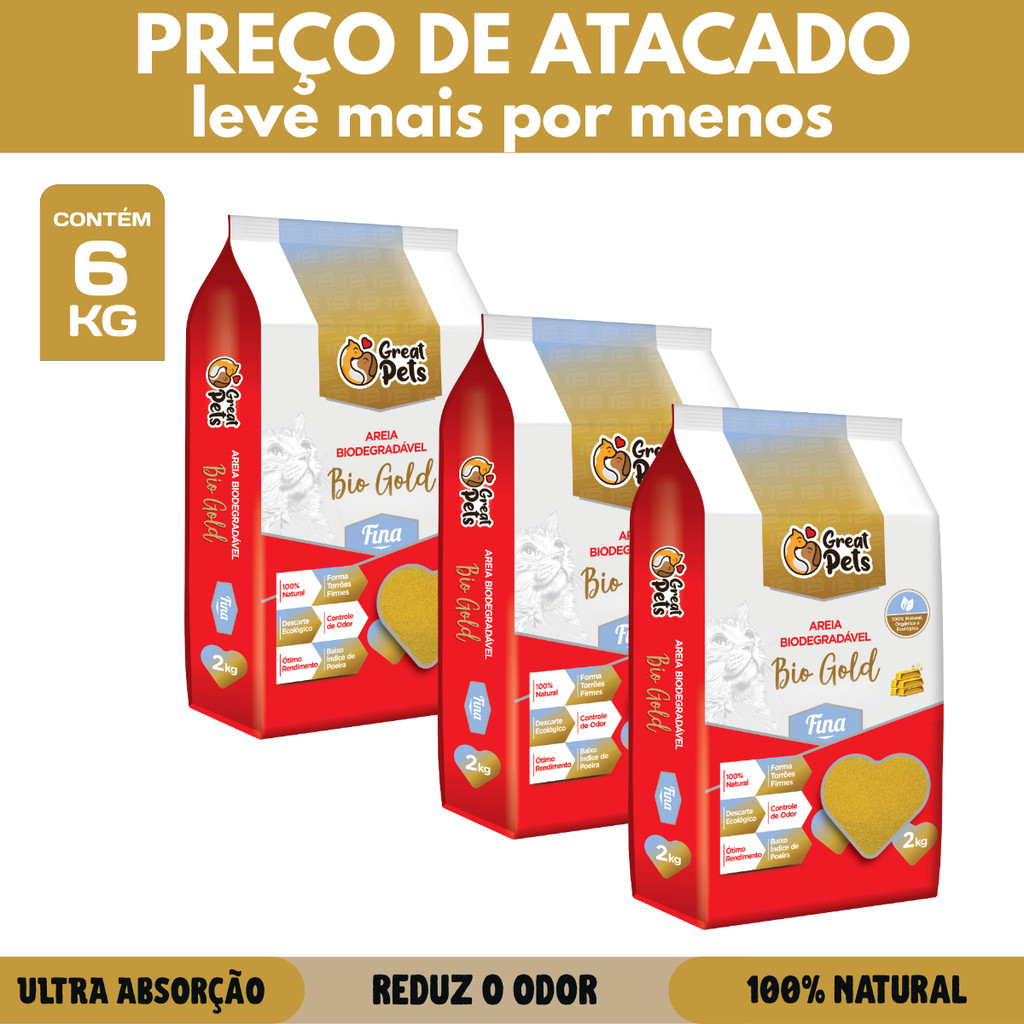 Kit Atacado Areia de Gato Biodegradável Gold Fina 6kg