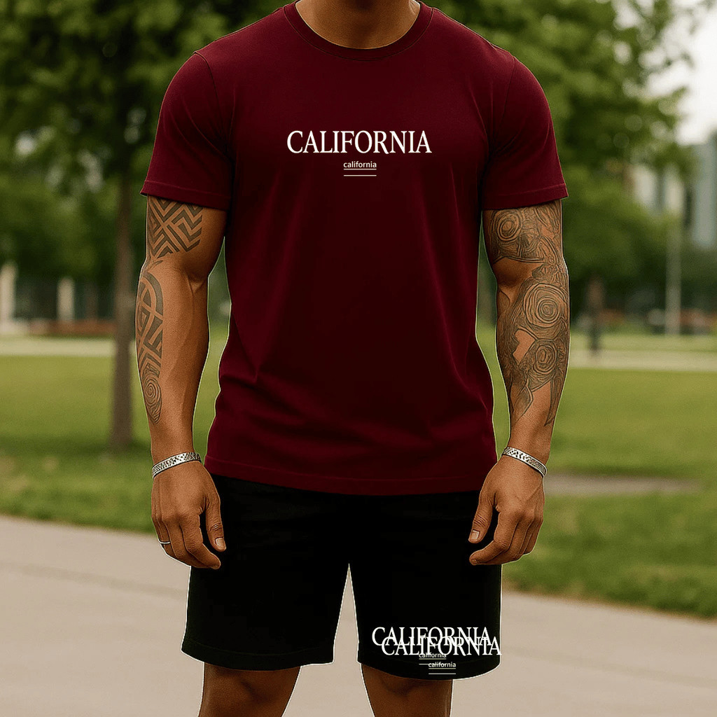 Conjunto Camisa e Bermuda Moletom 100% Algodão Verão Camiseta Blusa Short Estampado California