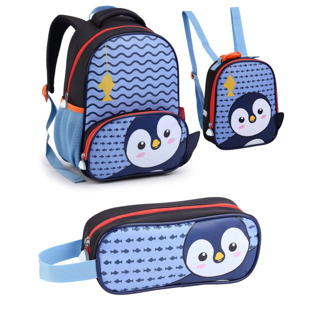 Conjunto Mochila + Lancheira + Estojo Infantil Seanite Zoop Pinguim