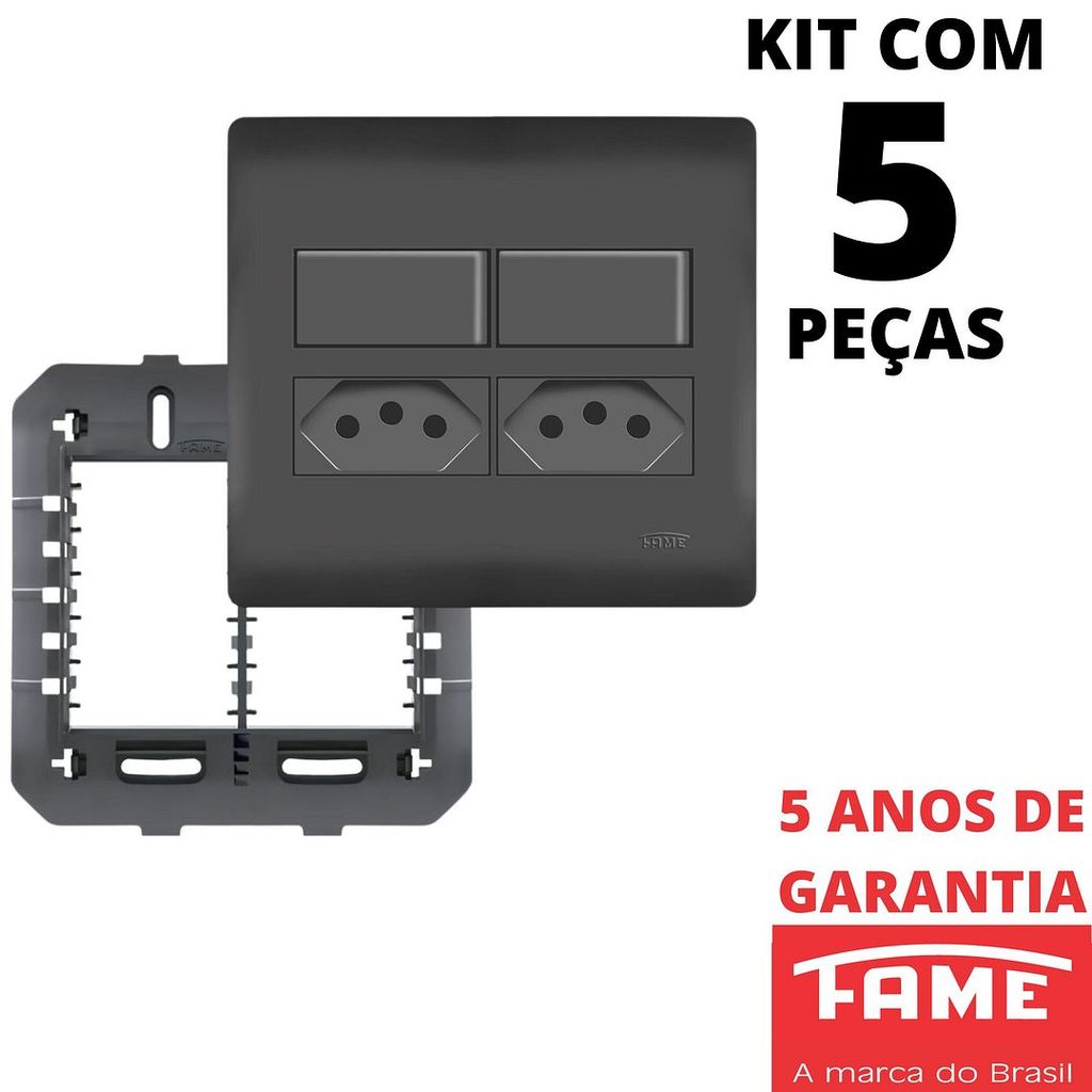 5un Interruptor Paralelo Three Way 10A 2 Teclas e Tomada Padrão Dupla 2P+T 20A Com Placa 4X4 Habitat Black Preto FAME