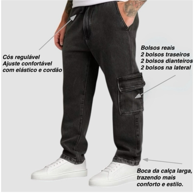 Calça Cargo Masculina Jeans Sarja Bolsos Laterais