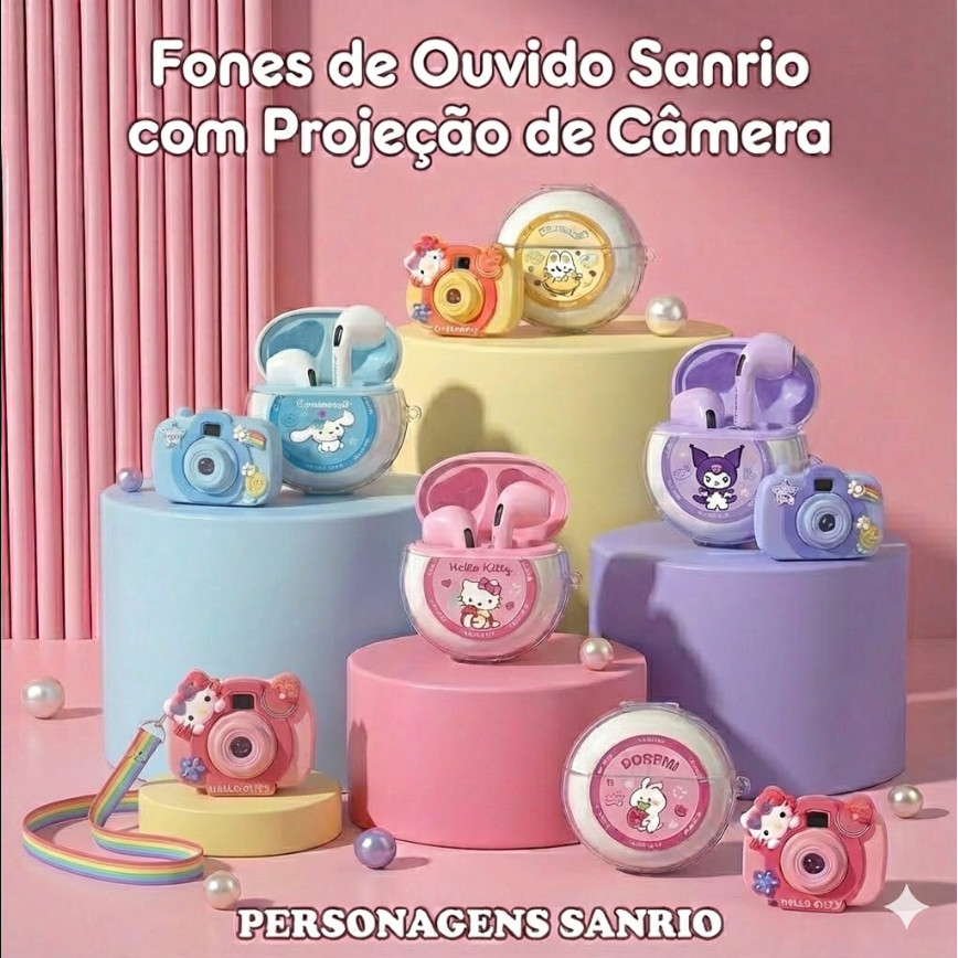 Fone de Ouvido Bluetooth TWS Sanrio com Projeção - Hello Kitty Kuromi Cinnamoroll - Design Câmera Retrô Kawaii em Oferta na Shopee