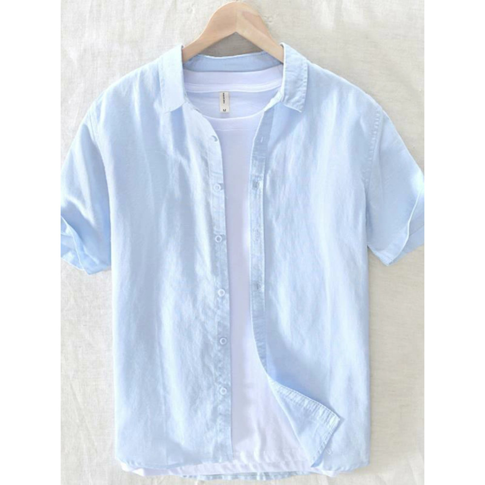 Camisa de linho de verão masculina de manga curta fina solta respirável algodão linho camisa de negócios Casual camisa b
