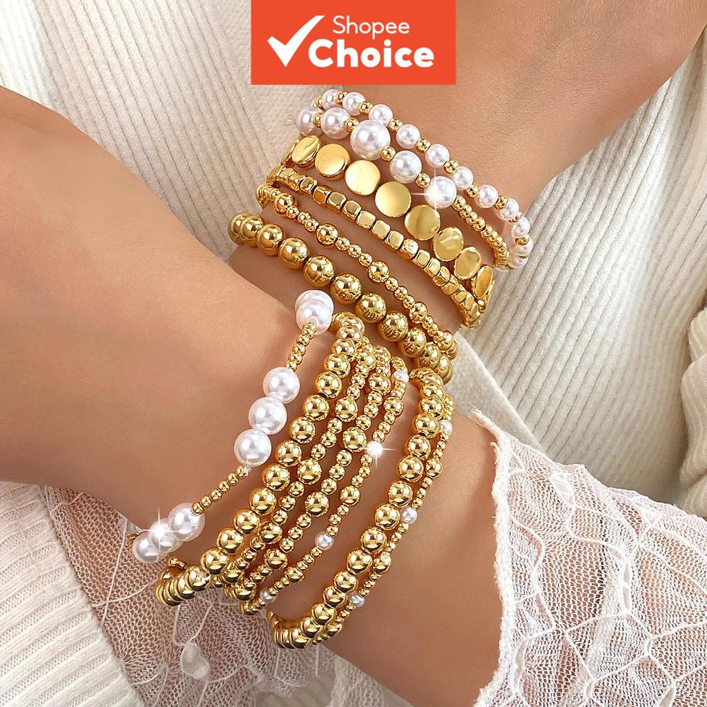Conjunto De Pulseira Empilhável De Pérola Com Contas De Ouro Quadradas De 6 Para Mulheres Joias Diárias De Pulso Clássic