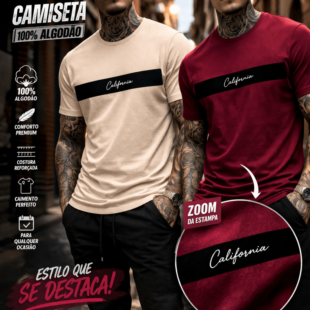 KIT 2 Camiseta básica Lançamento Algodão California Camisa blusa Gola Redonda Malha Premium presente