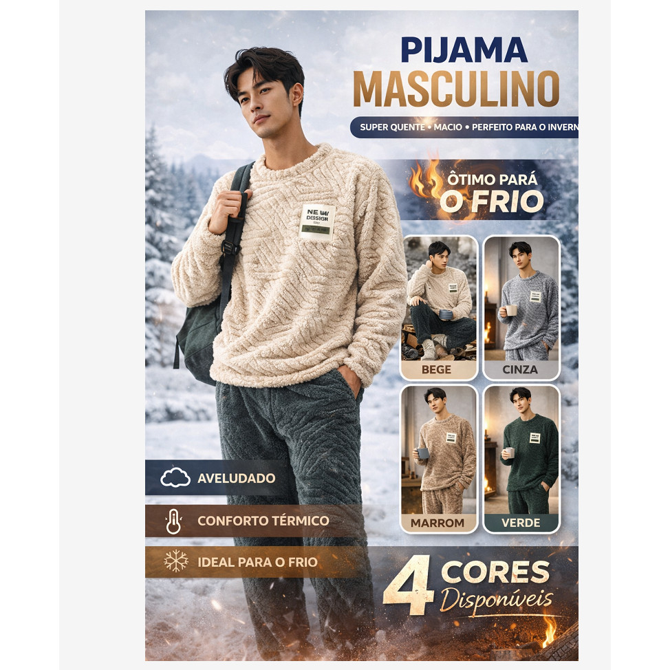 Pijama Masculino Peluciado Inverno Conjunto Manga Longa E Calça Roupa De Dormir Macia Quente Ideal Para Frio