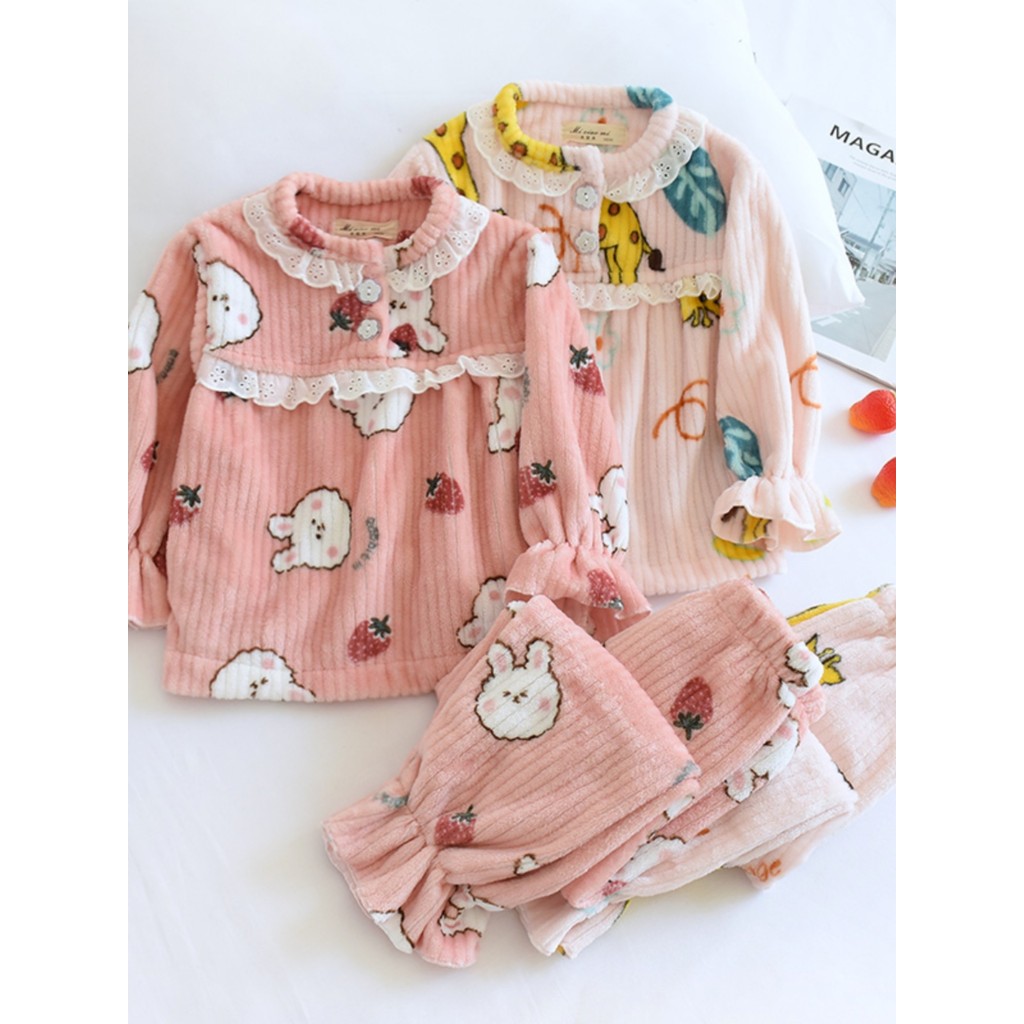 Crianças outono inverno engrossado flanela pijamas conjunto meninas princesa renda Coral velo pulôver roupas para casa d