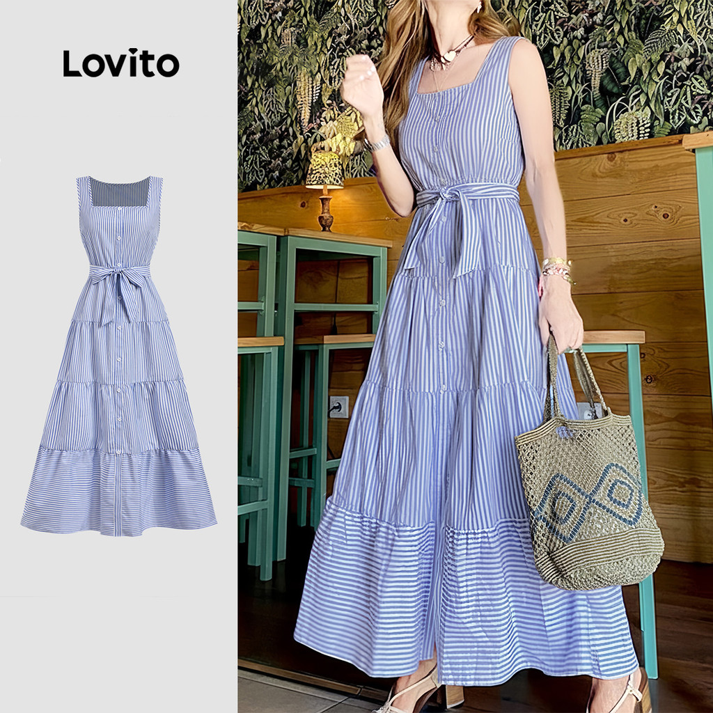 Lovito Vestido Casual Feminino com Cinto e Estampa para a Primavera e O verão LBL34016 Lovito Vestido Casual Feminino com Cinto e Estampa para a Primavera e O verão LBL34016