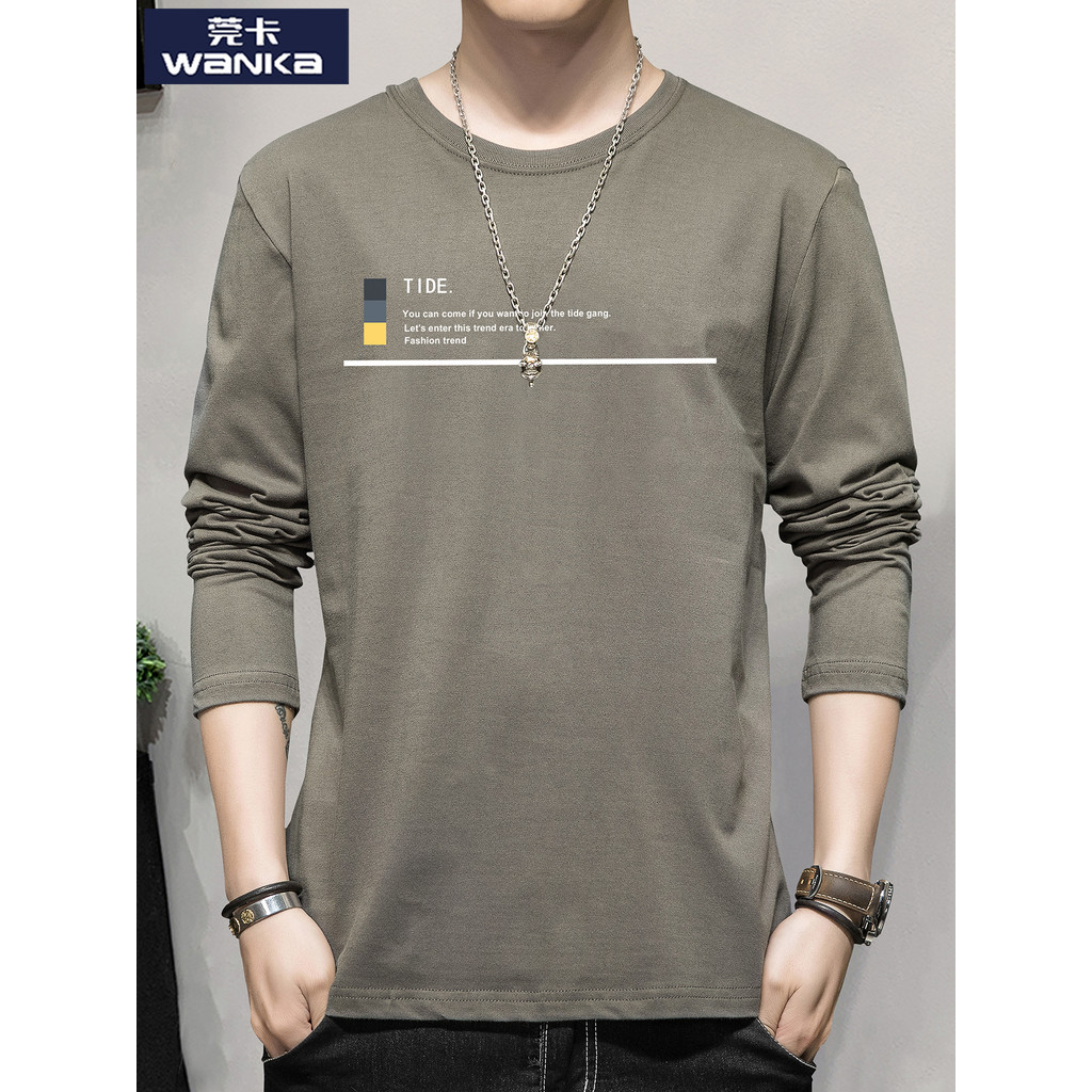 Primavera outono estilo manga comprida camiseta masculina puro algodão impresso em torno do pescoço roupas americano Str