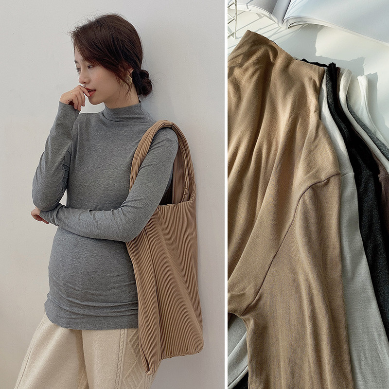 2024 roupa de maternidade outono inverno versão coreana alta elástica gola de uma linha camisa de fundo de maternidade T
