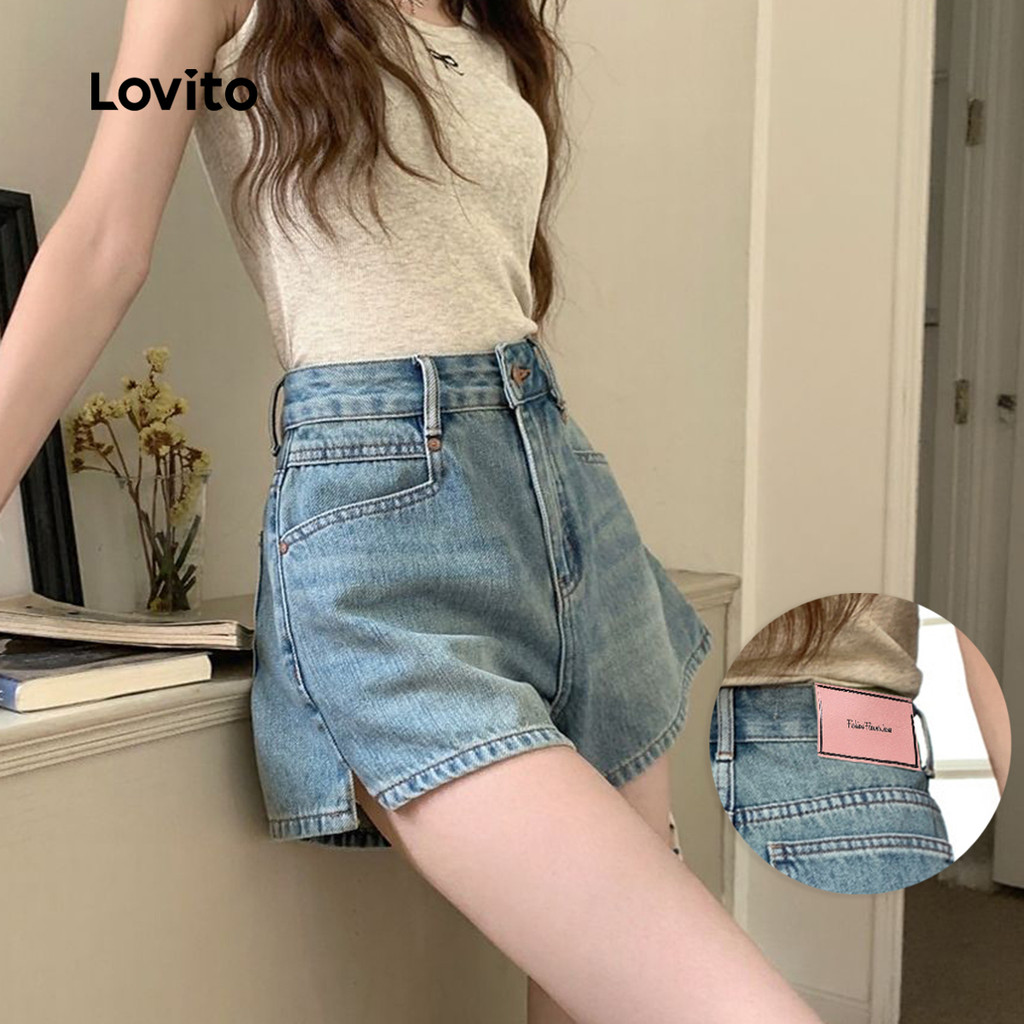 Lovito Cintura Alta Shorts de Ganga Azul Lavados com Bolsos Divididos para Prima