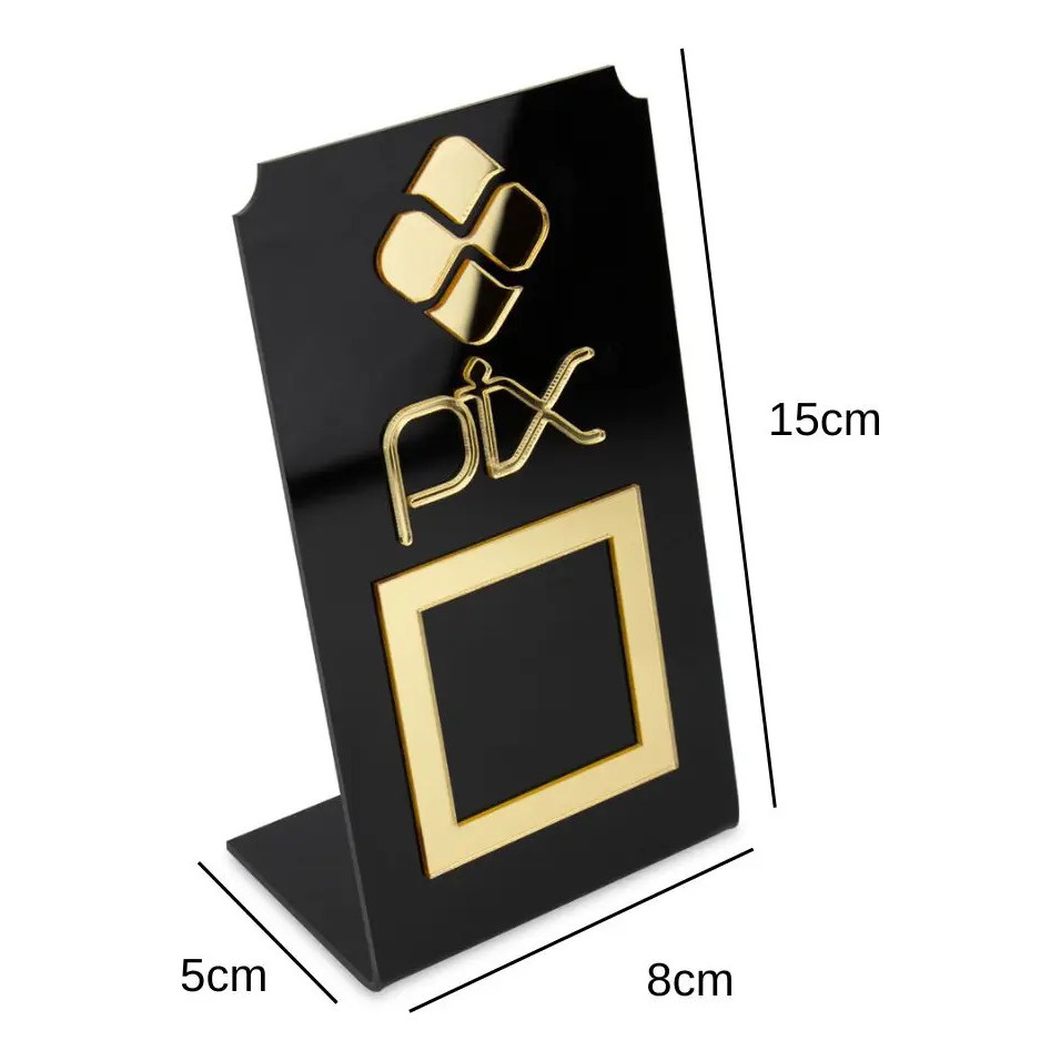 Placa Pix Qr Code Display Para Pagamentos Acrílico Preto Cor Preto E Dourado Plaquinha Balcão Loja Comércio