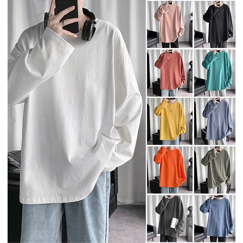 Camiseta de manga comprida masculina versão coreana na moda ins cor sólida interior camiseta casal camisa de fundo molet