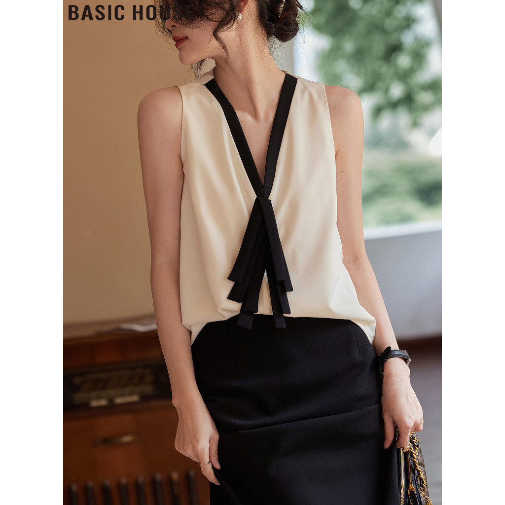 Casa básica/casa básica francesa com decote em V temperamento camisa sem mangas Top exclusivo feminino 2026 verão