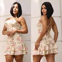 Vestido feminino Curto Soltinho Dois Babados Alças Ajustáveis Feminino Moda Elegante Lançamento Romântico Leve, Charmoso