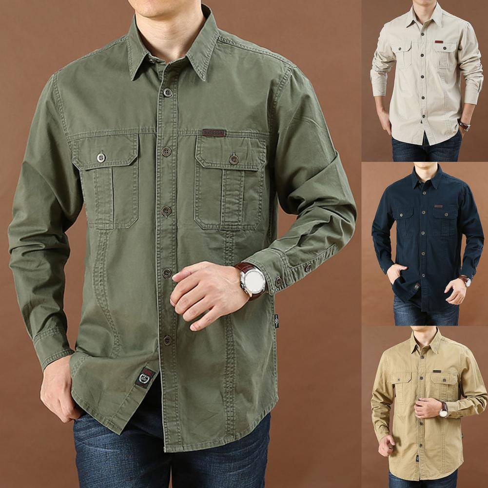 Camisa Masculina Solta e Grande, Casual, Estilo Militar com Bolsos, Manga Longa, para Negócios e Eventos Sociais, Moda S